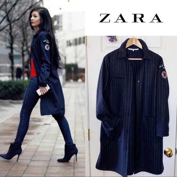 ZARA REF Navy Blue Patch Striped Cloth Coat/Jacket - Picture 1 of 8